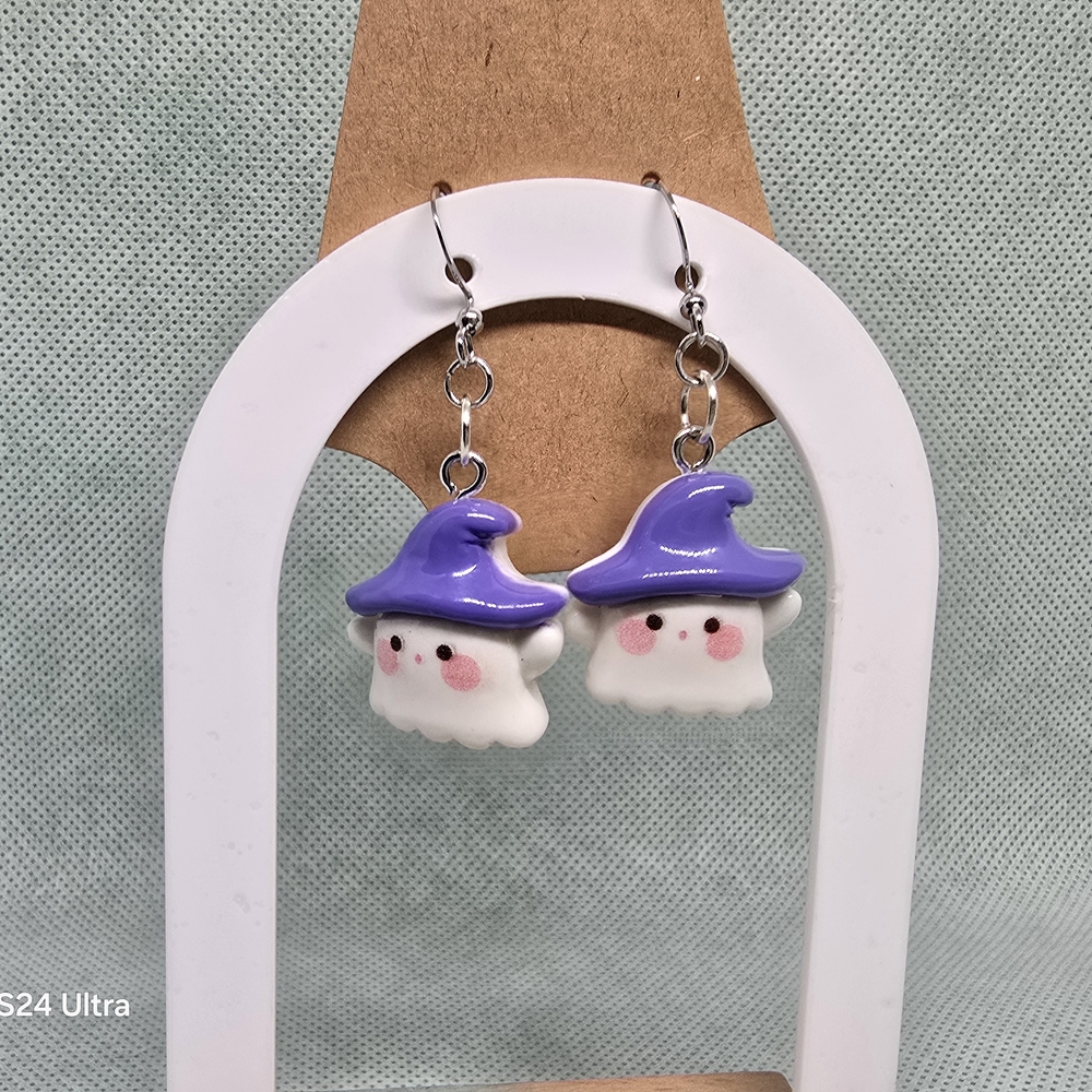 Purple Witch Hat Ghost Earrings